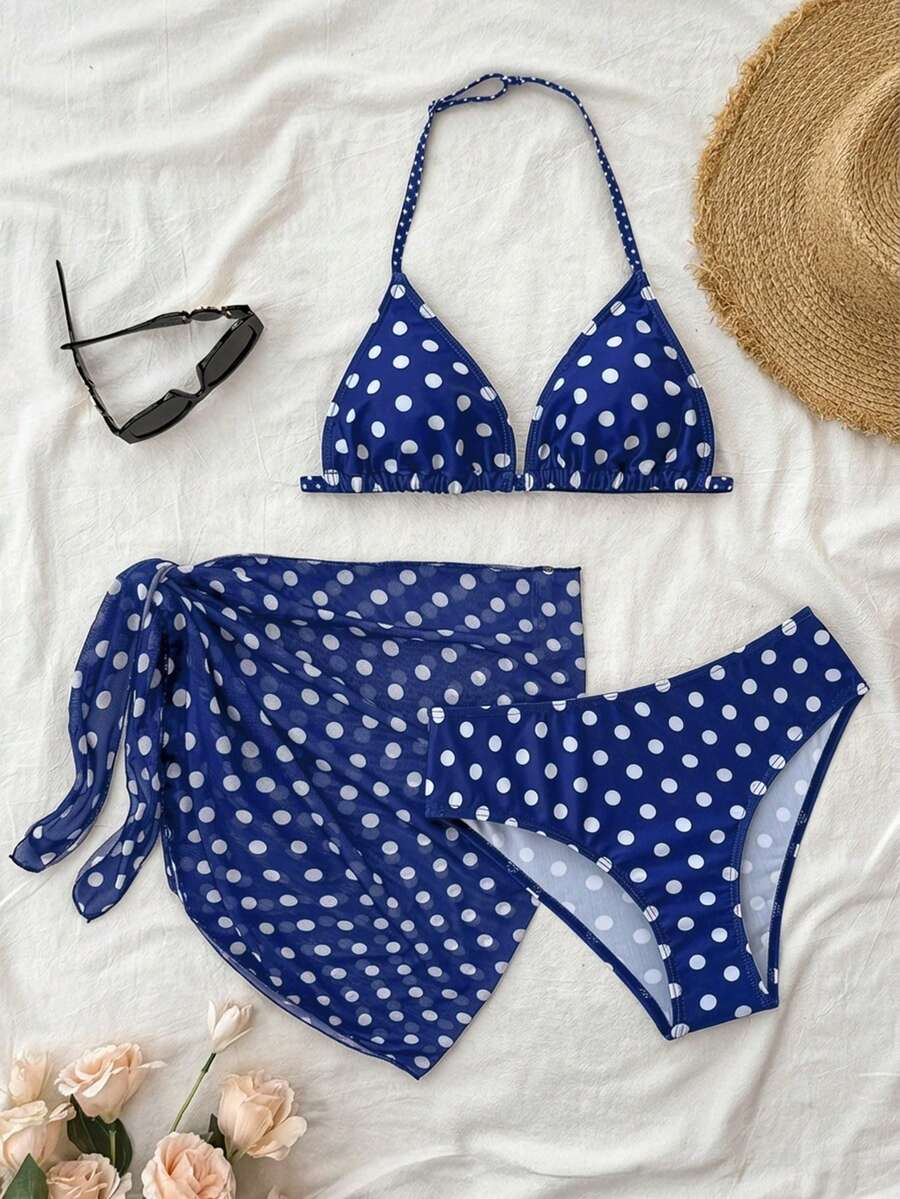 SHEIN Bộ đồ bơi 3 mảnh dành cho thiếu nữ, họa tiết chấm bi, quần và váy buộc dây, thích hợp cho kỳ nghỉ hè và đi biển. - Màu xanh hải quân - Xem 1