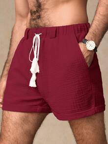 HIMLAND 男士休闲梭织双层绉布中腰抽绳短裤，带腰带环 - 酒紅色 - 查看 5