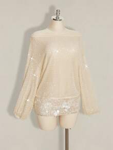 SHEIN ICON Y2K 女士沙滩度假外出 Coachella 俱乐部沙滩装串珠宽松镂空长袖衬衫，夏季 - 杏色 - 查看 6