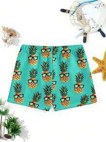 SHEIN Bermudas tipo traje de baño con estampado gráfico de piña, de estilo casual, holgado, lindo y elegante para niño, adecuadas para el verano - Multicolor - Ver 3
