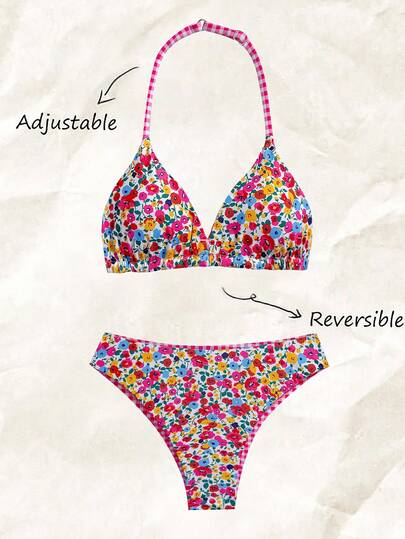 SHEIN Tween Girls' Swimsuit Set, Ditsy Floral & Pink Mesh Reversible, Suitable For Beach Vacation, Swimming, Pool Party Bikini Kids Kids Girls Bikinis Swimwear For Girls Two Piece Swimsuit For Girls Tween Girls 2 Piece Ditsy Floral Bikini Set Kids Beach Design Bikini Kid Girl Two Piece Swimwear Reversible Kids Bikini Girls Floral Print Bikini Set Tween Floral Bikini