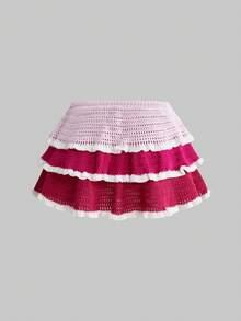 Sweetness Bộ áo len và chân váy dệt kim màu hồng cạp thấp, viền bèo nhún, phong cách lãng mạn cho kỳ nghỉ của phụ nữ. - Hồng - Xem 2