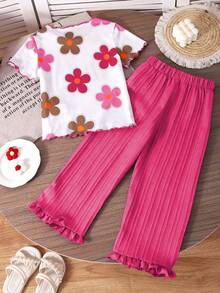 SHEIN Genkimix Kids 女童碎花圆领短袖T恤和纯色流苏裤套装 - 玫紅色 - 查看 2