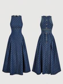 Sweetra Women's Fashionable Elegant Hollow Out Pleated Flared Denim Dress, Casual Washed - Medium Wash - View 1