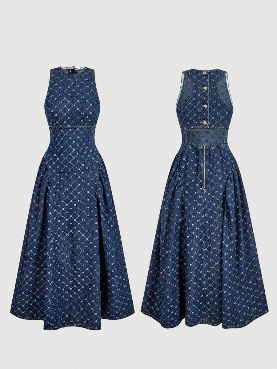 Sweetra Women's Fashionable Elegant Hollow Out Pleated Flared Denim Dress, Casual Washed - Medium Wash - View 1