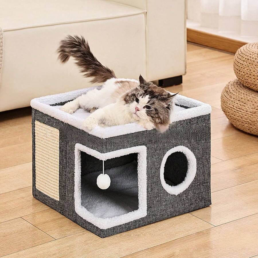 Giường ngủ sang trọng hai lớp cho mèo, nhà cho mèo bằng sợi sisal có thể gấp gọn, nhà cho mèo lớn có mái che - Phù hợp cho mọi mùa.