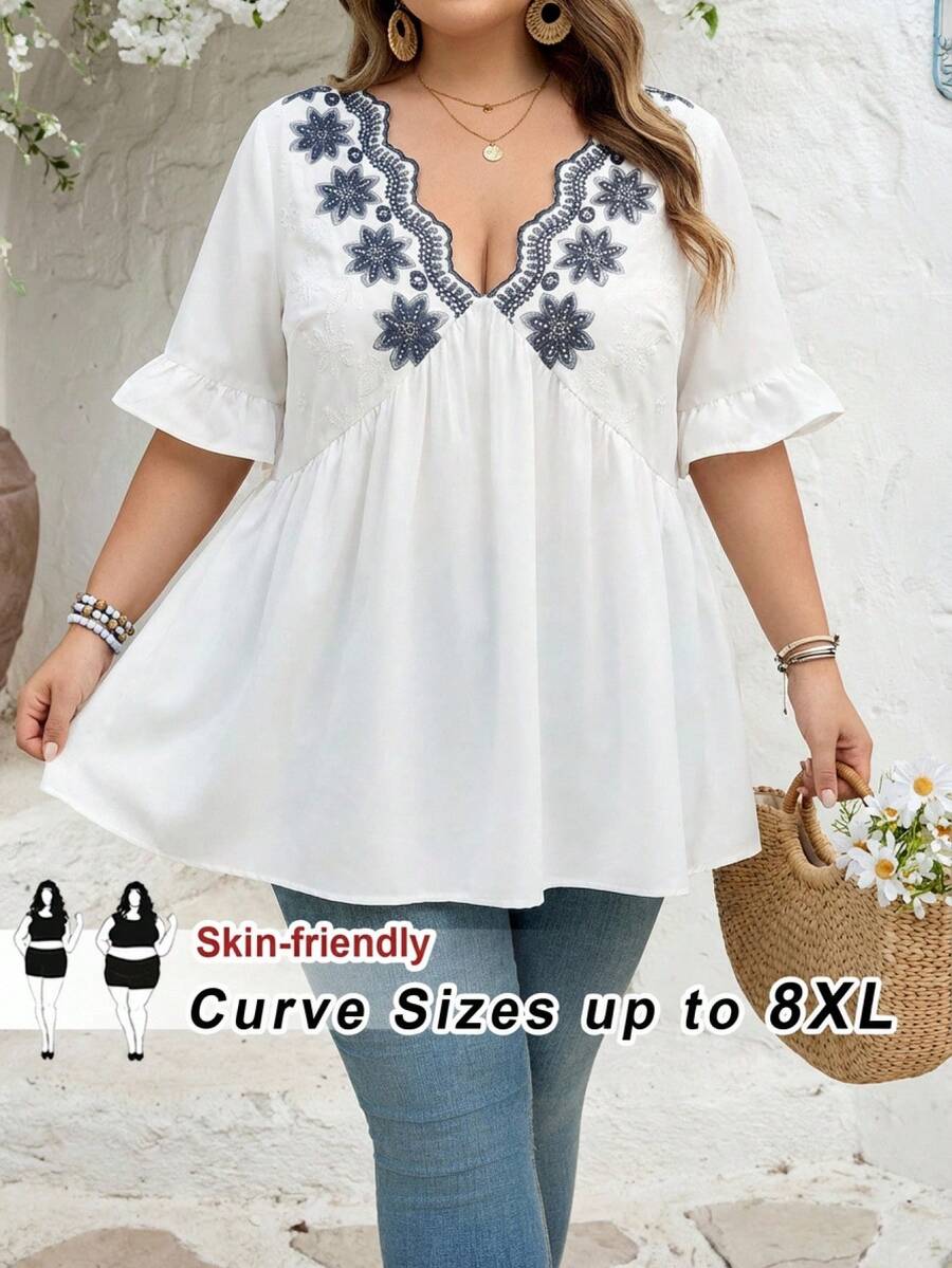 SHEIN CURVE+ 大码V领刺绣腰部A字衬衫 - 白色 - 查看 1