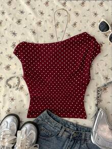 Attitoon 女士不对称褶皱短款上衣 - 酒紅色 - 查看 2