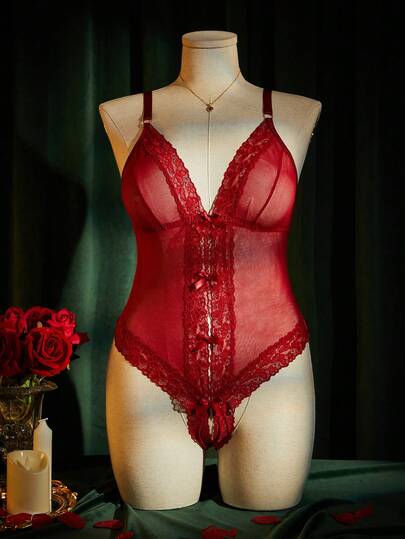 SpicyHot 1 pieza Body sexy de encaje y malla talla grande (sin aros)