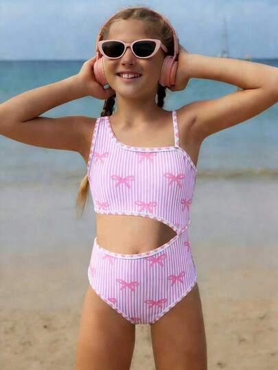 SHEIN Tween Girls' Cute Striped Bow Print One-Piece Swimsuit, Fashionable Casual For Summer Vacation Girls Bathing Suit Kids Swimwear One Piece Bathing Suit Girls Pink Bow Swimsuit Girls Summer Outfit One Piece Swimsuit For Kid One Piece Bathing Suit Tween Bathing Suits For Kids Kids One Piece Swimsuit Girls Cutout Swimsuit Swimming Suits For Girls Bathing Suit For Tweens Bikini Set For Kids Bathing Suits For Teens Full Coverage