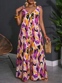 SHEIN CURVE+ Bộ jumpsuit không tay cổ chữ V in họa tiết toàn thân, cỡ US22, phong cách bohemian, thích hợp cho lễ hội âm nhạc và kỳ nghỉ bên bờ biển. - Nhiều màu - Xem 3