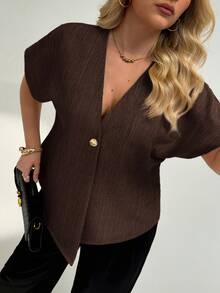 Auralis Plus Size Asymmetric Hem Shirt, Summer Fashion - Brown - View 4