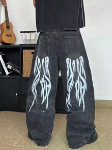 STEELVANCE Celana Jeans Kasual Model Lurus Longgar dengan Motif Kumis Kucing Bergaya Vintage, Streetwear Modis - Hitam - View 2