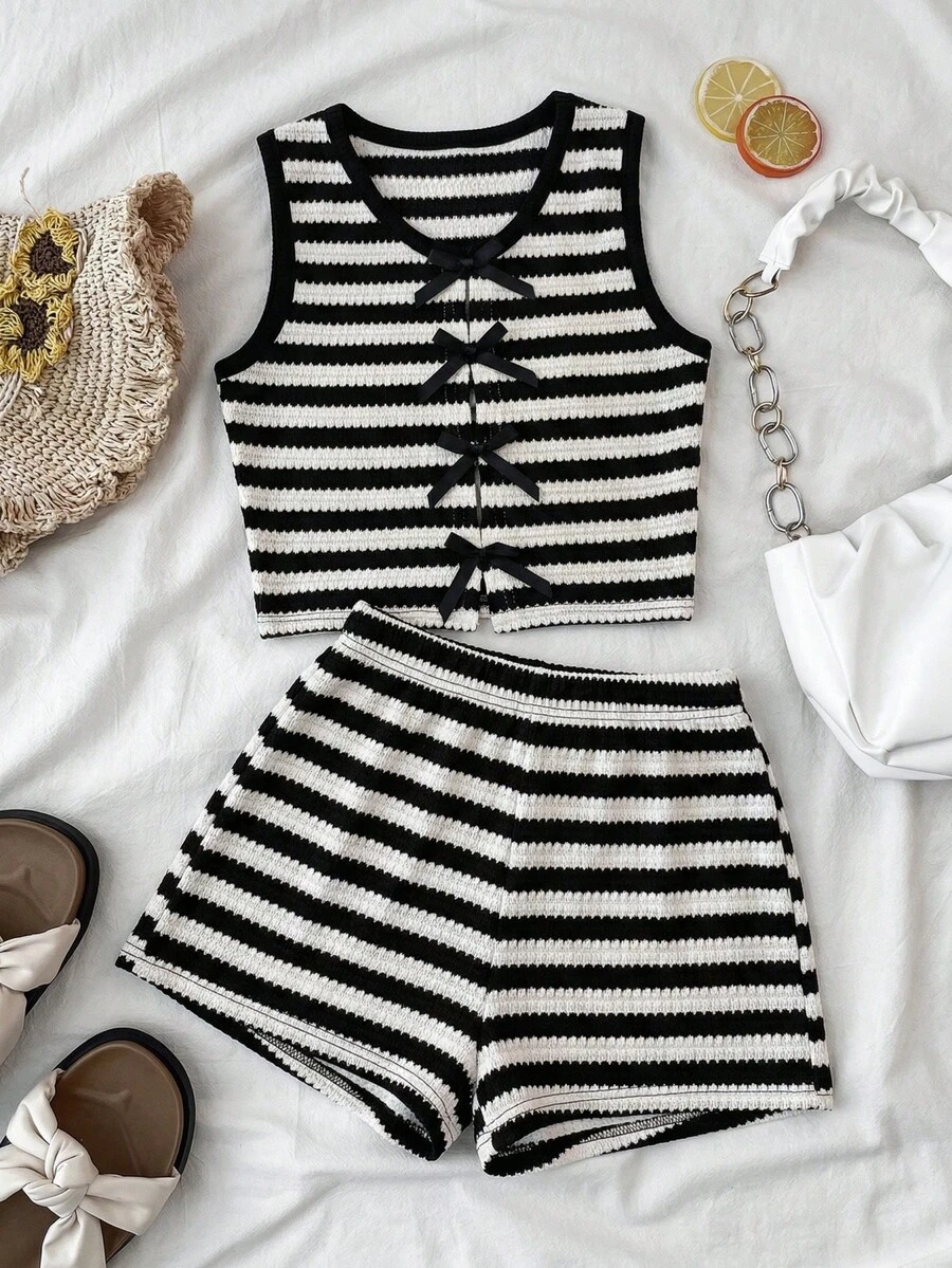 儿童/少女黑白条纹针织纹理无袖上衣和宽松短裤两件套休闲度假基础套装，春夏款 - 黑與白 - 查看 1