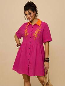 Travachic Gaun Patchwork Katun Kasual Ukuran Plus Motif Bunga Retro Bordir Hitam Kerah Kemeja Lengan Kelelawar - Hot Pink - View 5