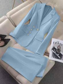 Rafferiza Minimalist French Style Solid Color Asymmetric Buckle Decor Fitted Business Suit For Women - Blue - View 5