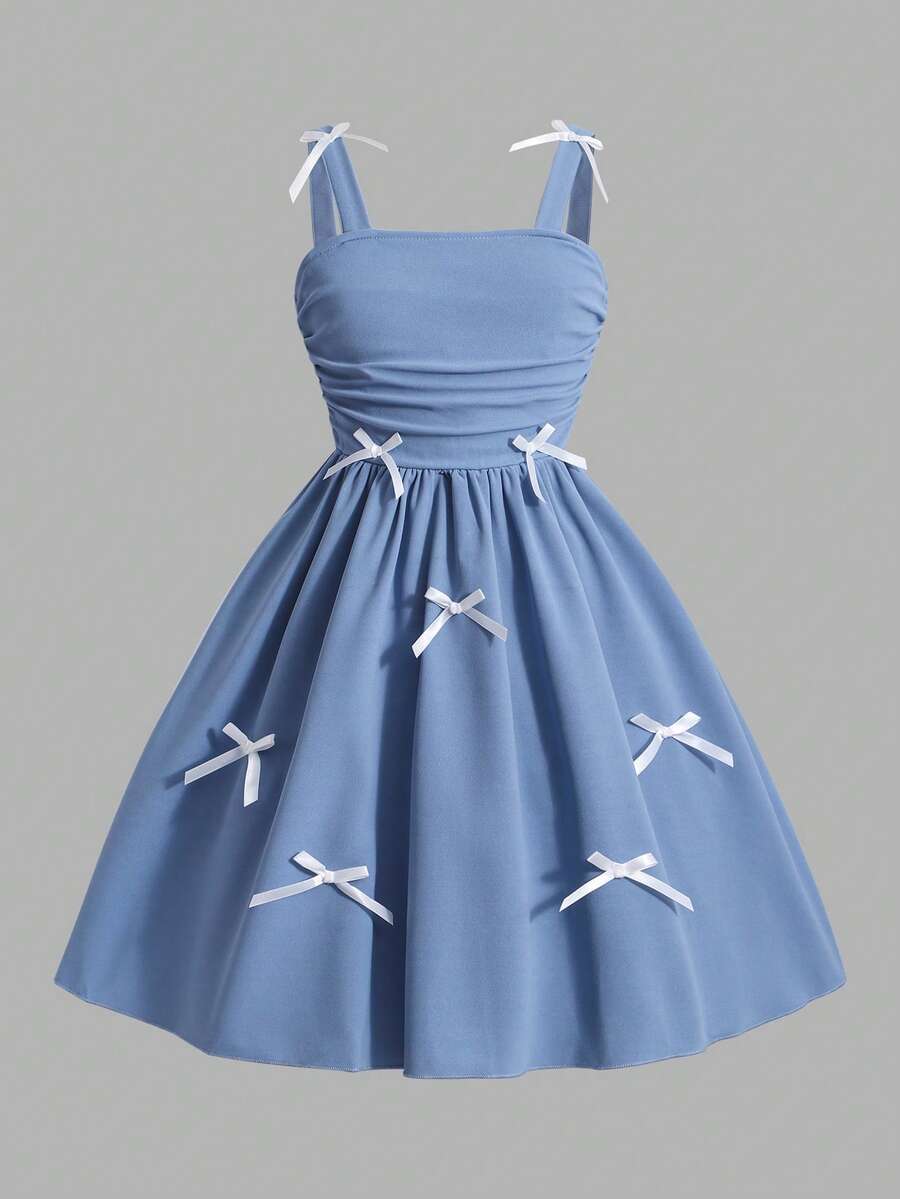 Elladie kids Elegant Solid Color Ruffled Strap Dress With Bow Decor For Teenage Girls, Suitable For Party And Events In Spring/Summer - Blue - View 1