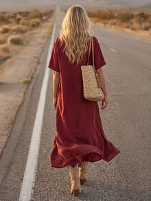 LanaWest Robe d'été décontractée pour femmes, col V, épaules dénudées, manches courtes, torsadée à la taille, plissée, pour vacances, couleur rouge vin - Rouge foncé - Voir 2