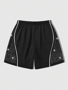 ROMWE MEN Street Life Men's Casual Rhinestone Drawstring Shorts - Black - View 2