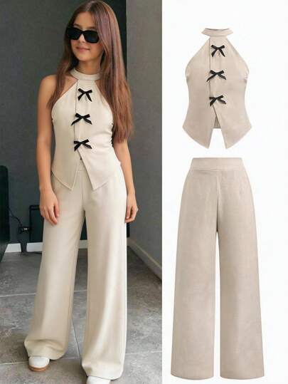 SHEIN 少女休闲优雅都市纯色露背蝴蝶结吊带背心和阔腿裤套装，返校季