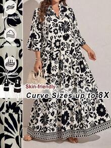 SHEIN CURVE+ 大码女式碎花喇叭袖荷叶边沙滩连衣裙度假装女装沙滩度假装，夏季女装，绿白相间长裙，绿色碎花长裙，层叠长裙，秋季女装，学生装，乡村风女装，教师装，秋季女装，秋季女装，休闲女装 - 黑與白 - 查看 1