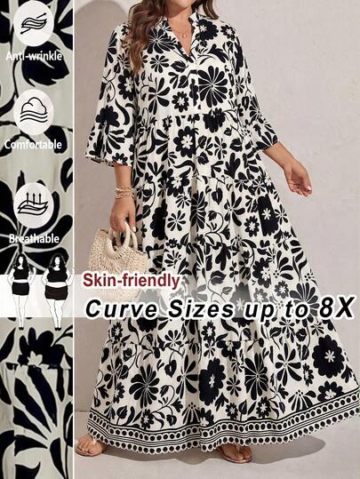 SHEIN CURVE+ Đầm đi biển tay loe xếp tầng in hoa cỡ lớn dành cho nữ, trang phục đi nghỉ mát, đầm hè cho nữ, đầm maxi xanh trắng, đầm maxi hoa xanh, đầm maxi xếp tầng, quần áo mùa thu cho nữ, trang phục học sinh, trang phục đồng quê cho nữ, trang phục giáo viên cho nữ, trang phục đồng quê cho nữ, quần áo mùa thu cho nữ, trang phục mùa thu cho nữ, đầm cho nữ, trang phục thường ngày.