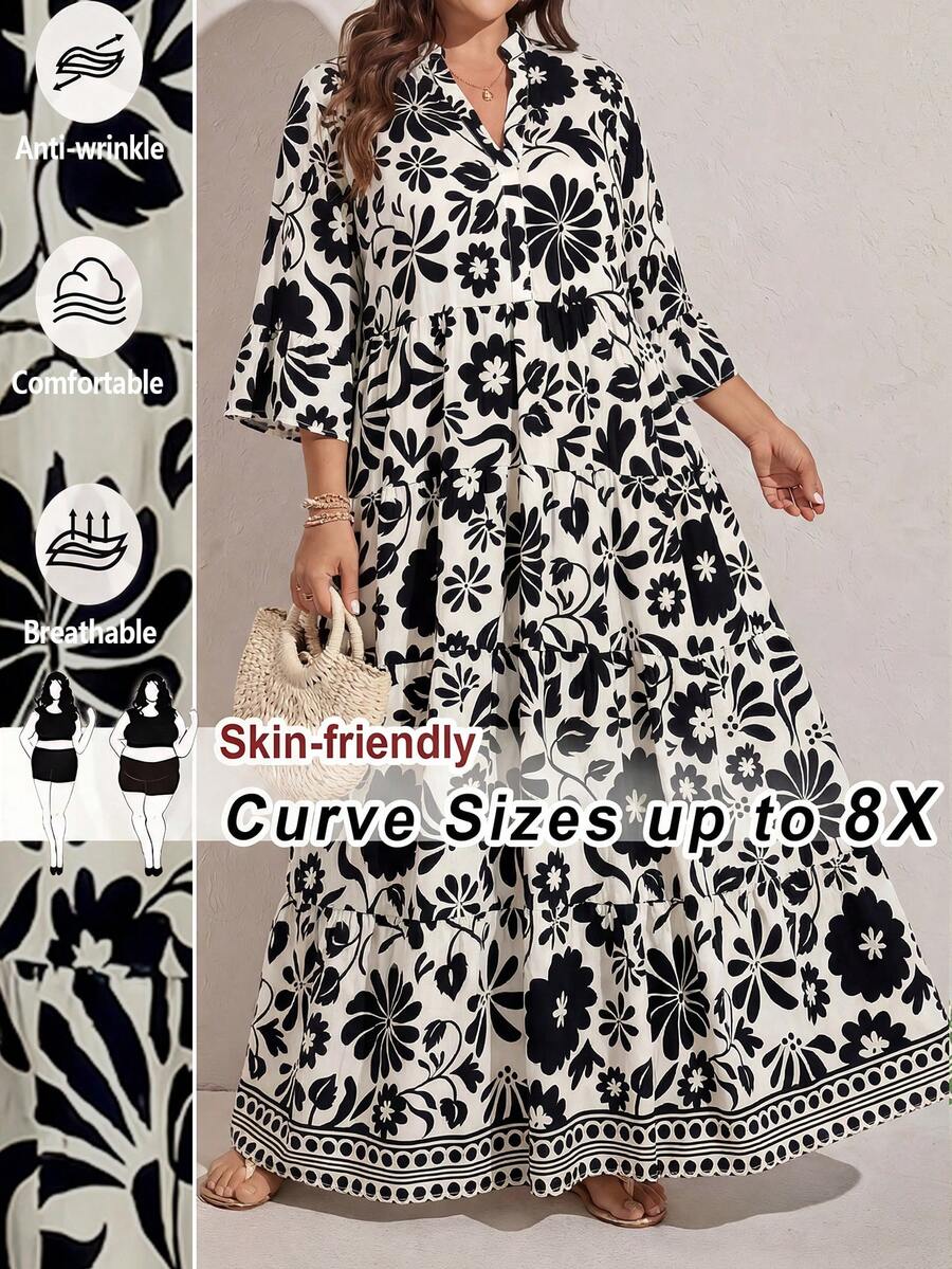 SHEIN CURVE+ 大码女式碎花喇叭袖荷叶边沙滩连衣裙度假装女装沙滩度假装,夏季女装,绿白相间长裙,绿色碎花长裙,层叠长裙,秋季女装,学生装,乡村风女装,教师装,秋季女装,秋季女装,休闲女装 - 黑與白 - 查看 1