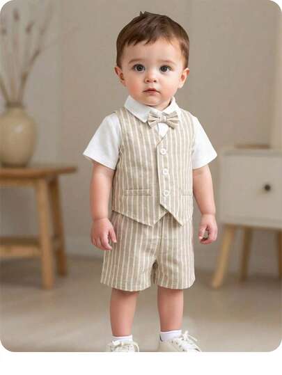 2pcs Baby Boy Summer Cute Versatile Peter Pan Collar Shirt And Suspender Shorts Gentleman Outfit Set, Suitable For Birthday Party, Evening Party, Performance, Wedding, Baby Shower, Wedding Guest, Pageboy, Ring Boy, Flower Girl