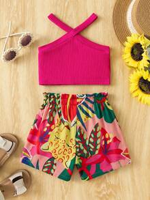 SHEIN Babygirl Sommarsemester Enfärgad Stickad Linne & Blommiga Shorts Set - Multifärgad - Visa 2