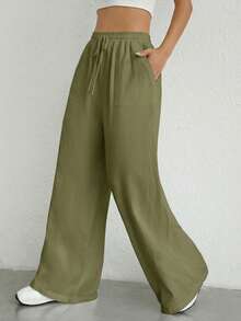 SHEIN Tall CURVE Plus Size Drawstring Waist Wide Leg Pants Fall - Army Green - View 6
