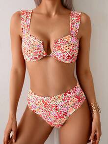 Swim Mod Springbreak Women's Summer New Random Ditsy Floral V-Neck Spaghetti Strap Sweet Floral Pattern Bikini Set - Multicolor - View 4