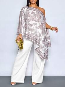 SOLERSUN Women's Summer White Tropical Holiday Blouse,Elegant Multi-Way Asymmetrical Neck Batwing Sleeve Shirt,Vintage Print Wedding Guest Cape Shawl Tops - Coffee Brown - View 5