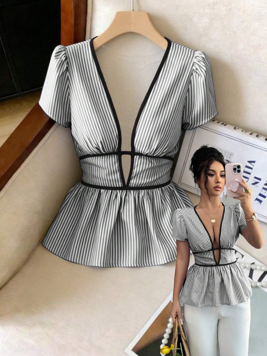 SHEIN Elenzya 优雅夏季度假蓝色条纹深V领性感镂空女式衬衫 - 黑與白 - 查看 1