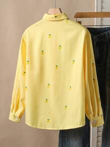 1pc Tween GirlsTurndown Collar Long Sleeve Cardigan Striped Shirt With Embroidered Pattern, Casual Blouse For Autumn - Yellow - View 2