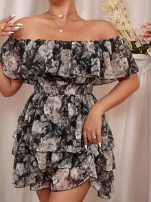 Vionelle Off-The-Shoulder Romantic Floral Layered Cake Dress - Black - View 3