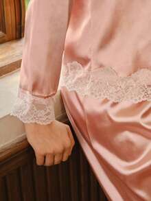 Bisouelle Ladies' Lace Trimmed Satin Pajama Set, Fall Winter Clothes - Dusty Pink - View 7