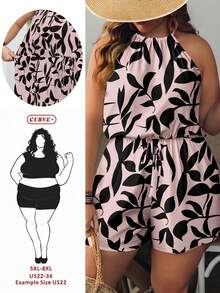 SHEIN CURVE+ Curve 尺码 US22 音乐节、海滨度假、波西米亚风女士度假植物印花休闲吊带连体裤短款连体裤可爱女式连身裤 - 彩色 - 查看 9