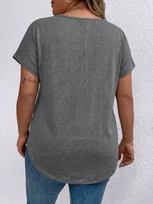 Linhara CURVE Plus Size Summer Casual Solid Color Curved Hem T-Shirt - Dark Grey - View 2