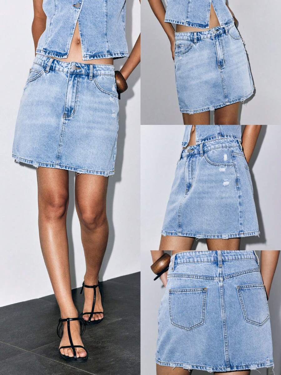 SHEIN PETITE Women's All-Match Versatile Distressed Denim Mini Skirt - Light Wash - View 1