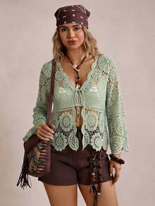 Freevana Cardigan Rajut Wanita Ukuran Besar dengan Ikatan Depan dan Lubang-lubang untuk Liburan Musim Gugur - Mint Green - View 5