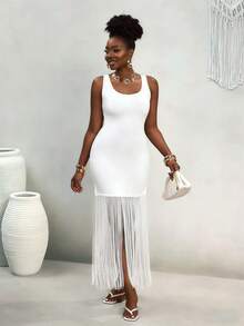 BamGleam Vestido elegante de unicolor con diseño de flecos, adecuado para el verano - Beis - Ver 6