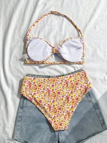 SHEIN 少女夏季沙滩印花挂脖比基尼和三角泳裤套装 - 彩色 - 查看 2