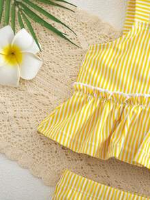 SHEIN Baby Girl Bow Decor Striped Ruffle Cute Swimsuit Top And Shorts Set - Yellow - View 4
