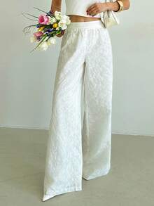 Firerie Women's Casual Loose High Waist Wide Leg Pants, White Embroidered Textured Fabric Pants, Beach Vacation Vacation Trousers, Spring/Summer Bohemian - White - View 3