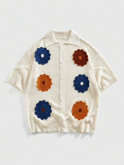 ROMWE MEN Men's 3D Floral Pattern Single-Breasted Casual Versatile Everyday Knit Top