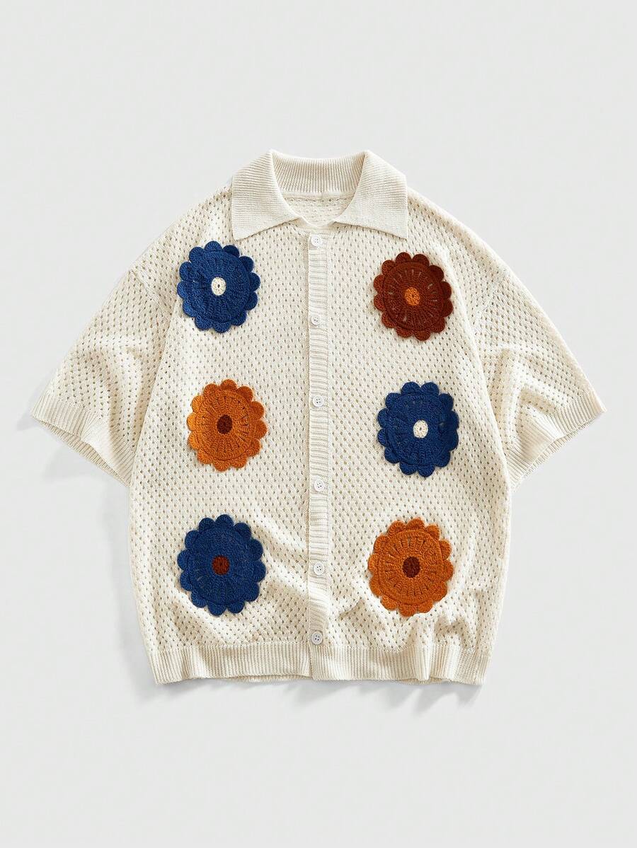 ROMWE MEN 男士3D立体花卉图案单排扣休闲百搭日常针织上衣 - 杏色 - 查看 1