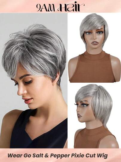 灰白相间的短款真人发假发，带刘海，无蕾丝，巴西直发层次剪裁，机织真人发，适合老年女性佩戴。这款假发采用混合灰白发色，带刘海，短款直发层次剪裁，舒适自然，易于打理，是脱发或头发稀疏女性的理想选择。适合日常佩戴、角色扮演、派对、音乐节和圣诞派对等场合。