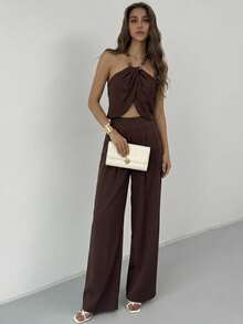 Aloruh Bộ 2 món áo crop top xếp ly màu trơn và quần ống rộng thời trang dành cho nữ - Gỗ đỏ - Xem 6
