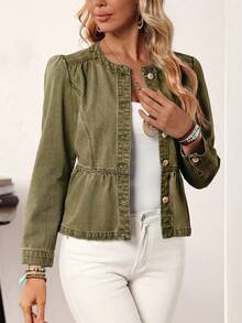 EMERY ROSE Women's Long Sleeve Single-Breasted Ruffle Hem Casual Denim Jacket - Army Green - View 4