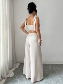 SHEIN Elenzya Conjunto de 2 piezas de top corto y pantalones de pierna ancha elegante para vacaciones de verano para mujer - Albaricoque - Ver 2